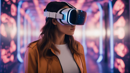 Woman holding virtual reality glasses, Metaverse digital cyber world technology 3D illustration