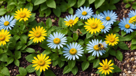 Small yellow bright summer flowers and bee on a background of blue and green foliage in a fairy...