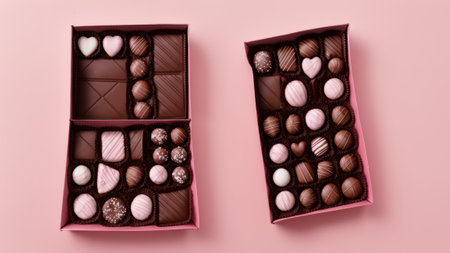 Delicious chocolate candies on pink background, flat layの写真素材
