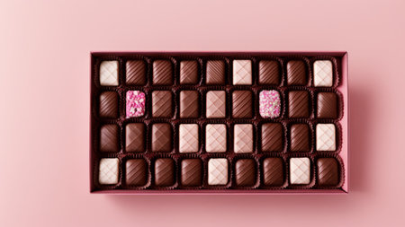 Delicious chocolate candies on pink background, flat lay