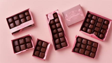 Top view of chocolate candies in pink box on pink background.