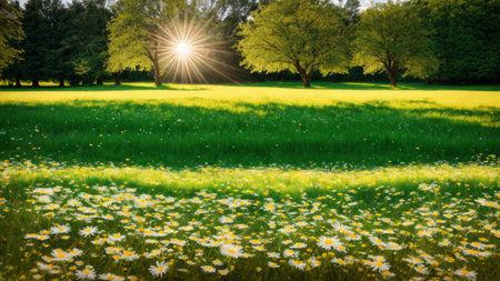 Field of green grass and blooming daisies and dandelions, a lawn in spring.