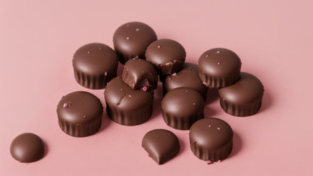 Delicious chocolate candies on pink background, flat lay