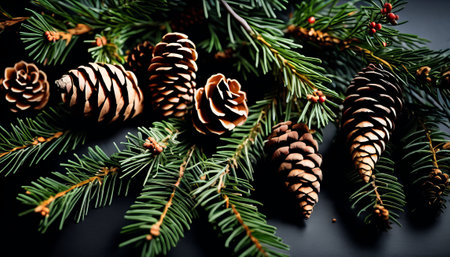 overhead view on spruce and thuja branches with cones, Christmas background