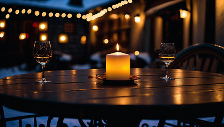 Lit up candle at an outdoor table of a restaurant in winter, cozy atmosphere, selective focus, bokeh.の写真素材