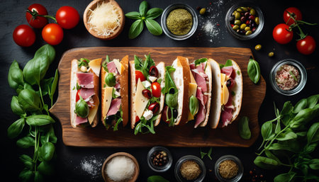 Ingredients for sandwich with smoked meat, baguette, basil, arugula, olives, cherry-tomatoes, parmesan cheese, garlic and spices over black grunge background. Top viewの写真素材