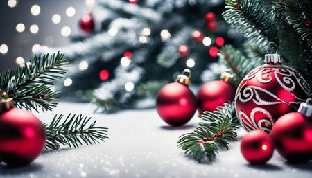 Wide arch shaped Christmas border isolated on white, composed of fresh fir branches and ornaments in red and silver