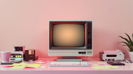 Retro computer setup with a CRT monitor on a desk, surrounded by plants and office items, against a pink background. Nostalgic 80s/90s tech workspace.の素材