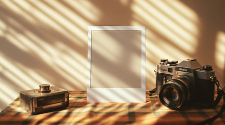 Blank photo frame and camera on checkered tablecloth. Mock upの素材