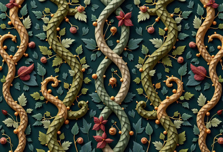 A detailed textured relief pattern depicts stylized tree branches entwined with large green leaves and small coiled forms against a deep background. This organic artistic design suits decorative, naturalの素材