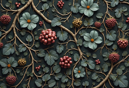 A detailed textured relief pattern depicts stylized tree branches entwined with large green leaves and small coiled forms against a deep background. This organic artistic design suits decorative, naturalの素材