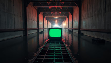 Green screen in a tunnel. 3d rendering. Computer digital drawing.の素材