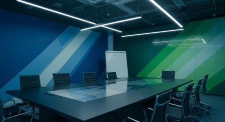 3d rendering of empty conference room in modern office with green and blue wallsの素材