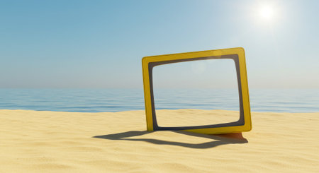 A bold yellow frame stands on a sun-drenched beach, framing serene ocean waves under a clear blue sky. This conceptual image offers a unique perspective on summer escape, travel, and embracing new lifeの素材