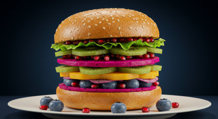 A vibrant, whimsical "fruit burger" stacked with colorful dragon fruit, kiwi, blueberries, and pomegranate seeds between sweet buns. A unique and healthy food concept, perfect for creative advertisingの素材