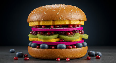 A vibrant, whimsical "fruit burger" stacked with colorful dragon fruit, kiwi, blueberries, and pomegranate seeds between sweet buns. A unique and healthy food concept, perfect for creative advertisingの素材