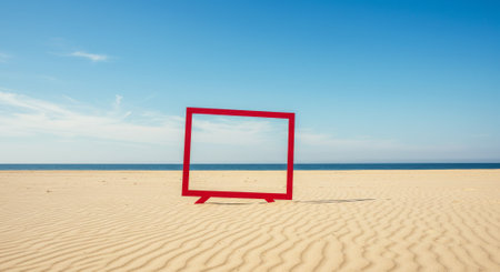 A vibrant red retro TV frame rests on a sunny beach, facing the blue ocean and sky. Evokes themes of nostalgia, digital detox, escape, summer vacation, and media concepts. Perfect for freedom, travel,の素材