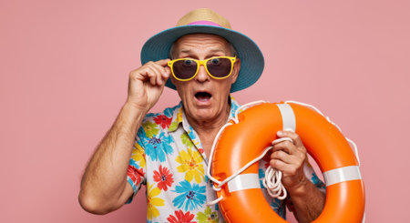 Surprised mature man in summer hat and sunglasses holding lifebuoyの素材