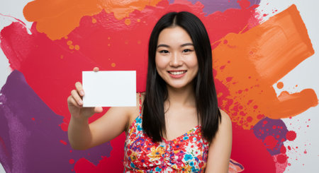 A cheerful young woman with a radiant smile holds a blank white card against a vibrant backdrop of colorful paint splatters.の素材