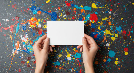 Hands holding a blank white card against a vibrant, paint-splattered background. Ideal for creative projects, art themes, messages, announcements, or invitations.の素材