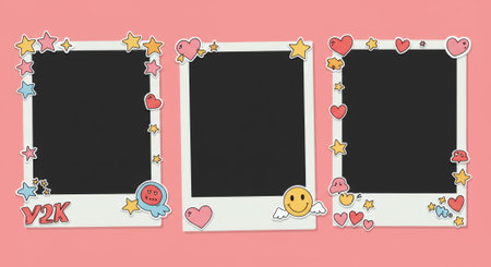 Cute polaroid photo frames template set on pink background, adorned with playful stickers like hearts, stars, smiley faces, and text. Perfect for adding a fun, nostalgic, and creative touch to cheの素材