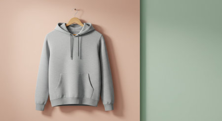 hoodie mockup displayed on a wooden hanger against a modern pastel two-tone pink and green wall background. Clean, empty copy space perfect for product branding, fashion adの素材