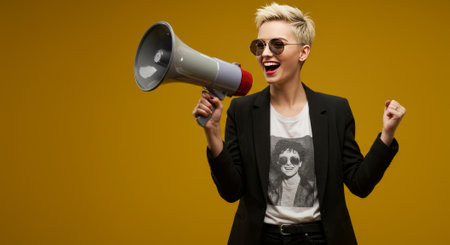woman makes an announcement with a red megaphone against a vibrant yellow backgroundの素材