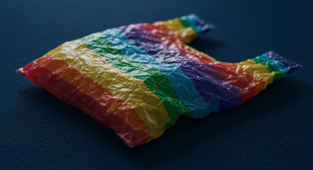 A vibrant, wrinkled plastic bag featuring bold rainbow stripes rests on a dark background. This image captures themes of environmental waste, consumerism, and perhaps LGBTQ+ pride, offering a powerfulの素材