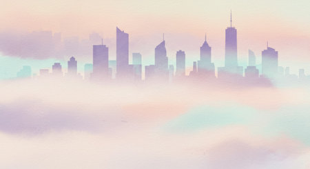 Cityscape emerges from a thick, soft pastel fog. Great for themes of isolation, serenityの素材
