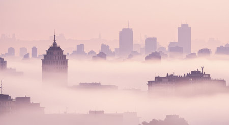 Cityscape emerges from a thick, soft pastel fog. Great for themes of isolation, serenityの素材