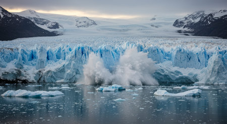 Dramatic glacier calving event with a massive splash in the Arctic sea. Powerful natural phenomenon showing the effects of climate change.の素材