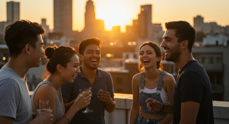 Four diverse young friends laugh on a rooftop at sunset, city skyline in the background. Joyful moment of friendship and urban lifestyle during golden houの素材