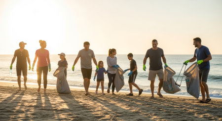 Diverse group of people, including families and children, cleaning a beach at sunset. Volunteering for environmental conservation and community serviceの素材