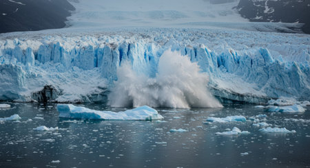Dramatic glacier calving event with a massive splash in the Arctic sea. Powerful natural phenomenon showing the effects of climate change.の素材