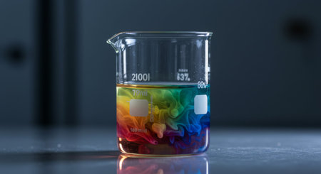 Vibrant colors swirl in a laboratory beaker, creating a dynamic abstract pattern. Science, chemistry, and art concept.の素材