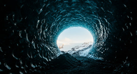 View from inside a dark ice cave looking out at a bright, snowy mountain peak. The cave walls feature stunning blue ice textures. Perfect for natur...の素材