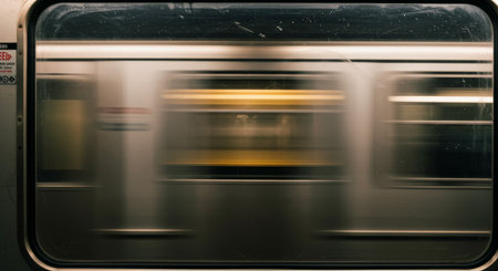Dynamic motion blur view from a subway window as another train speeds past. Captures the energy of urban transport and fast travel.の素材