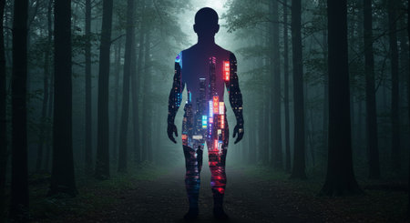 Silhouette of a person in a misty forest with a vibrant cityscape double exposure inside. Represents duality, nature vs. feelings, mind, and identity. ...の素材