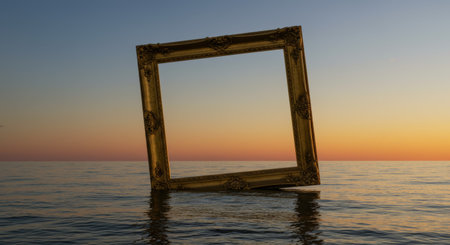 An ornate golden picture frame stands in the calm ocean water, perfectly framing a vibrant sunset over the horizon. A surreal and artistic nature c...の素材