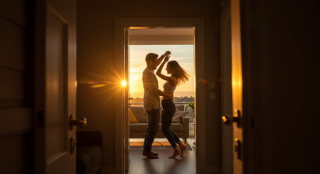 Intimate couple dancing in silhouette by a sunlit balcony doorway at sunset. Romantic golden hour moment at home, symbolizing love and connection.の素材