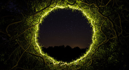 View through a circular opening of illuminated tree branches and leaves, revealing a starry night sky above a dark forest horizon.の素材