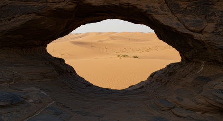 View of vast sand dunes and desert landscape framed by a natural rock formation.の素材
