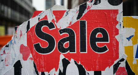 Close-up of a distressed red poster with the word "Sale" in torn, peeling paper layers on an urban wall. Grunge street advertising texture background.の素材