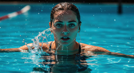 A young woman with freckles, just out of the pool, looks directly at the camera. Refreshing, sporty image suitable for health, summer, or beauty campaigns.の素材
