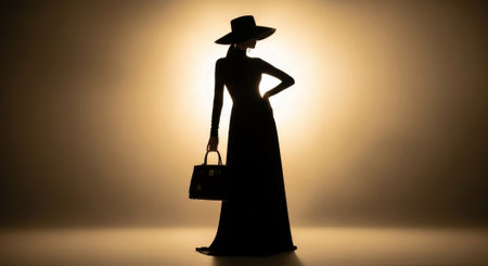 A full-length silhouette of a sophisticated woman wearing an elegant wide-brimmed hat and a flowing long gown, holding a fashionable handbag. She stands confidently with her hand on her hip, dramatically backlit against a warm, glowing golden background. The strong lighting creates a striking outline, emphasizing her graceful posture, mysterious aura, and chic style. This studio shot conveys luxury, beauty, and refined fashion, perfect for editorial, advertising, and design projects.の素材