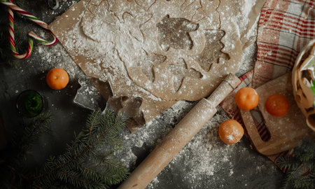 cut out figures and make christmas cookies, raw dough molds for christmas cookies, gingerbread man, raw dough with ginger, cinnamon flavor, concept of christmas and new year traditions, merry christmas, happy new year 2023の写真素材