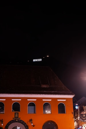 brasov city center romania at nightの写真素材