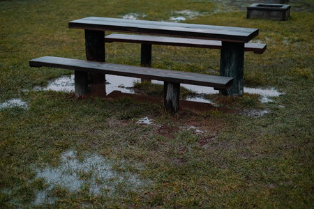 wooden table and bench in the forest in the rain, puddles in the meadow