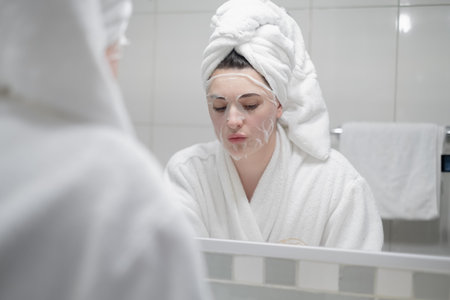 Young caucasian woman in a white bathrobe and with a towel on her head removes a moisturizing sheet mask from her face, looking in the mirrorの写真素材
