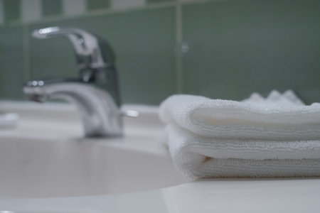 Stack of fresh towels, face roller and cream on countertop in bathroomの写真素材